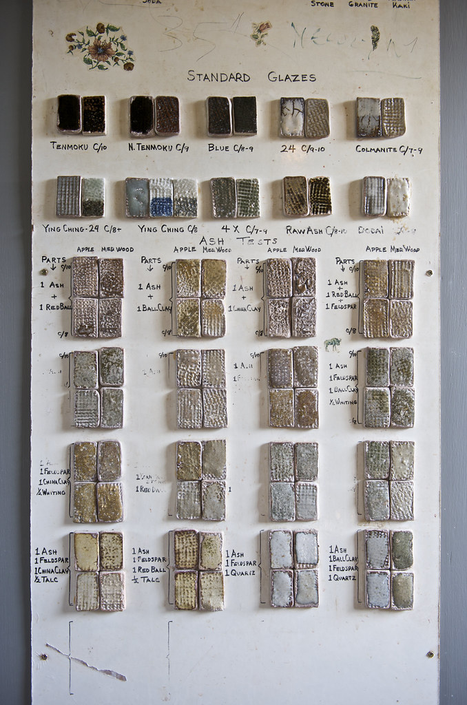 Ceramic glaze test tiles and glaze recipe boards at a ceramics studio