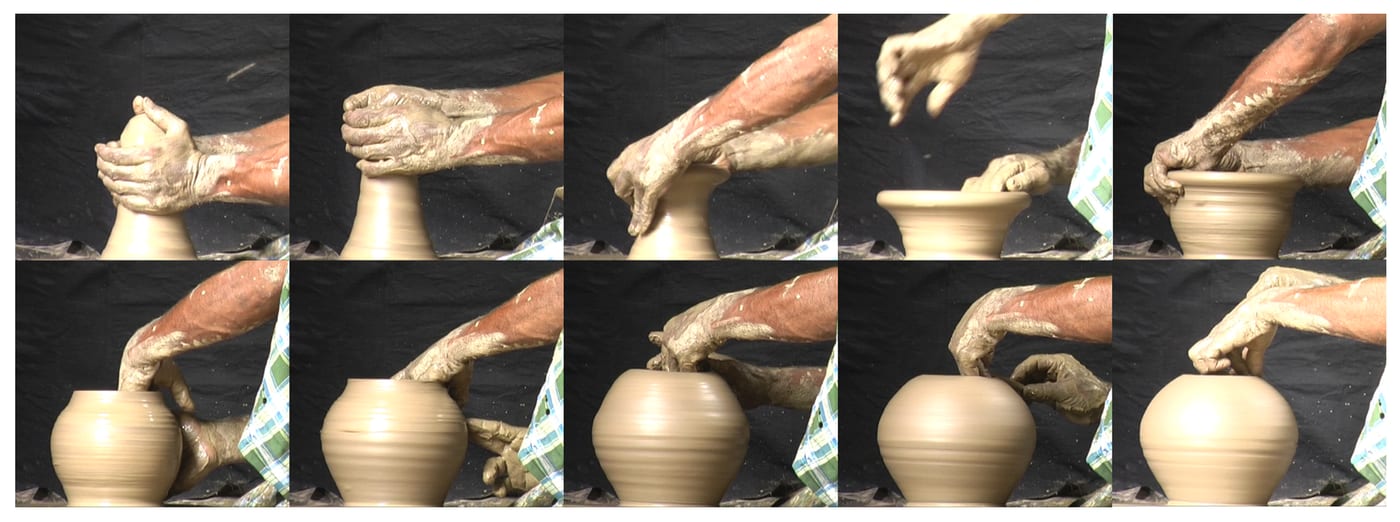 Diagram showing a sequence of hand positions used while centering and pulling clay on a pottery wheel